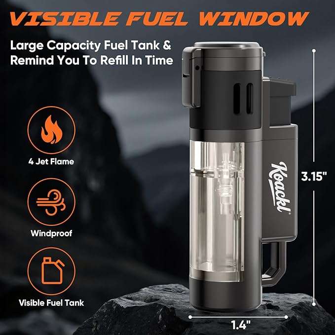 Torch Lighter, Refillable Windproof Adjustable Quad Jet Flame Butane Lighter for Candle Grill BBQ Camping Fireworks, 2 Pack (No Fuel Included)