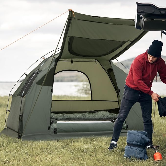 Tangkula 5-in-1 Tent Cot Combo With Awning, Air Mattress, Sleeping Bag, Pillow, Elevated Single Tent With Carrying Bag for Outdoor Camping, Hiking, Picnic, Travel