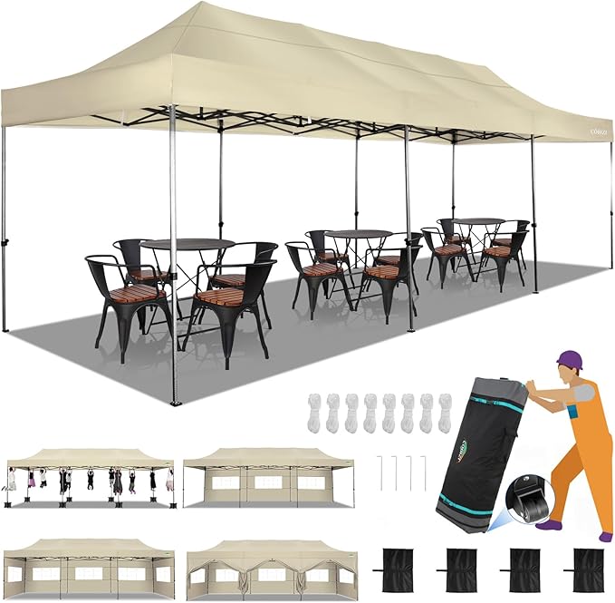 COBIZI 10x30 Heavy Duty Pop up Canopy with 8 sidewalls Party Tent for Parties Weddings Events UPF 50+ Waterproof Commercial Gazebo with Roller Bag, Khaki(Frame Thickened)