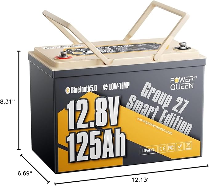 Power Queen Lithium Battery 12V 125Ah, Bluetooth Group 27 LiFePO4 Battery with Low-Temp Protection, 1600Wh Energy Max. 15000 Cycles for RV, Solar System, Trolling Motor