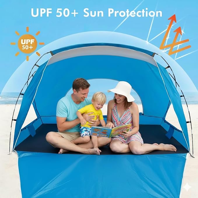Beach Tent, Portable Sun Shelter for 2/3/4/6-8 Person with UPF 50+ UV Protection, Easy Setup Waterproof Beach Shade Canopy Cabana for Family Outdoor and Picnics, Fishing with Carrying Bag