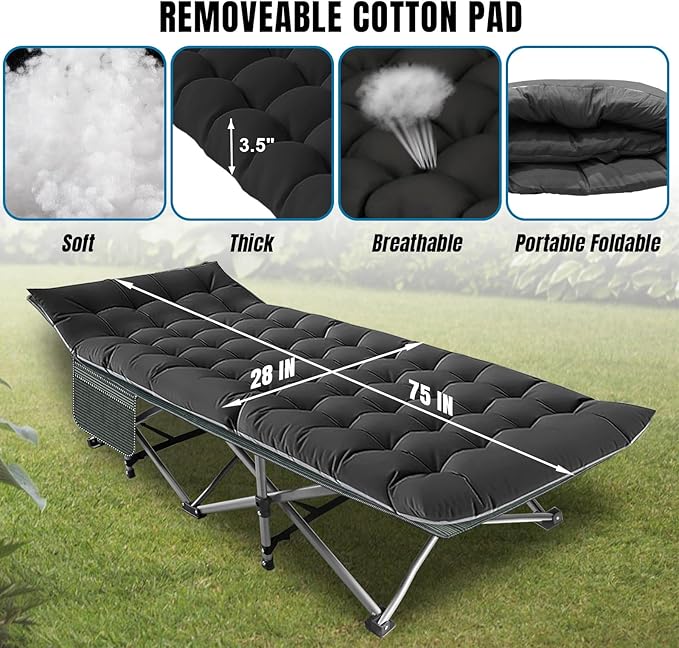 Camping Folding Cot with Mattress for Adults with 600lbs Max Load, Heavy Duty 28" Wide Portable Sleeping Camp Cot with Carry Bag for Home, Office, Travel - Black