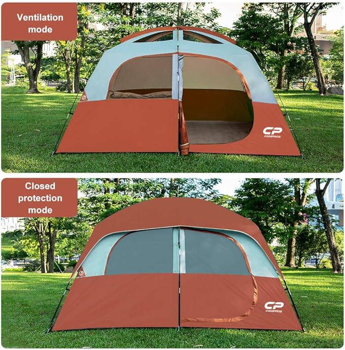 CAMPROS CP Upgraded 6/8 Person Camping Tents, Waterproof Windproof Family Tent with Larger Mesh Windows & Door, Double Layer, Easy Set Up, All-Season Dome Tent with Top Rainfly & Carry Bag