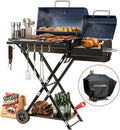 Portable Charcoal Grill with Smoking Function, Foldable Suitcase Design with Wheels, Multi-Tier Storage Rack & Waterproof Cover for Outdoor BBQ Parties (Blue)