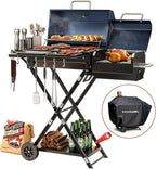 Portable Charcoal Grill with Smoking Function, Foldable Suitcase Design with Wheels, Multi-Tier Storage Rack & Waterproof Cover for Outdoor BBQ Parties (Blue)