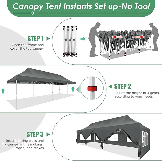 COBIZI Canopy Tent 10x30 Pop Up Canopy with 8 Removable Sidewalls Party Tents for Parties Wedding Patio Commercial Waterproof and UV50+ Ez Outdoor Instant Gazebo with Roller Bag & 4 Sandbags(Grey