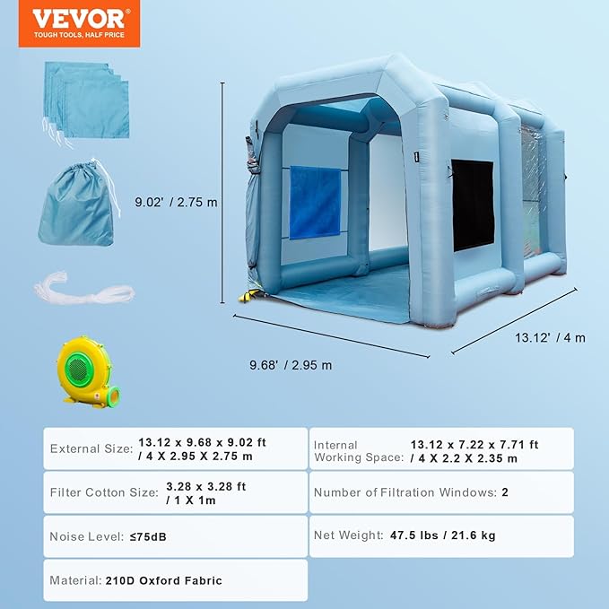 VEVOR Inflatable Paint Booth, 13x10x9ft Inflatable Spray Booth, 950W High Powerful Blower Spray Booth Tent, Car Paint Tent Air Filter System for Car Parking Workstation Motorcycle Garage