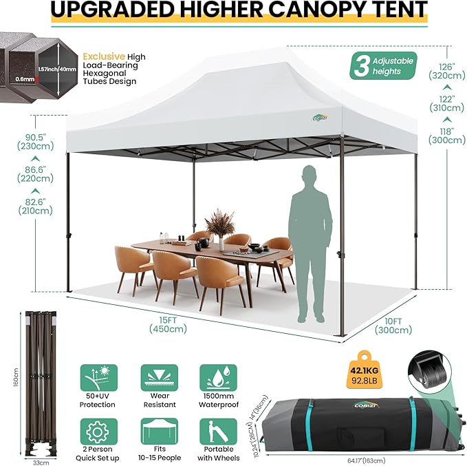 Cobizi Heavy Duty 10x15 Pop Up Canopy Tent Without sidewall, Easy Up Canopy Outdoor Tents for Party Backyard Wedding, Instant Commercial Gazebo with Roller Bag, Upgraded Legs, White