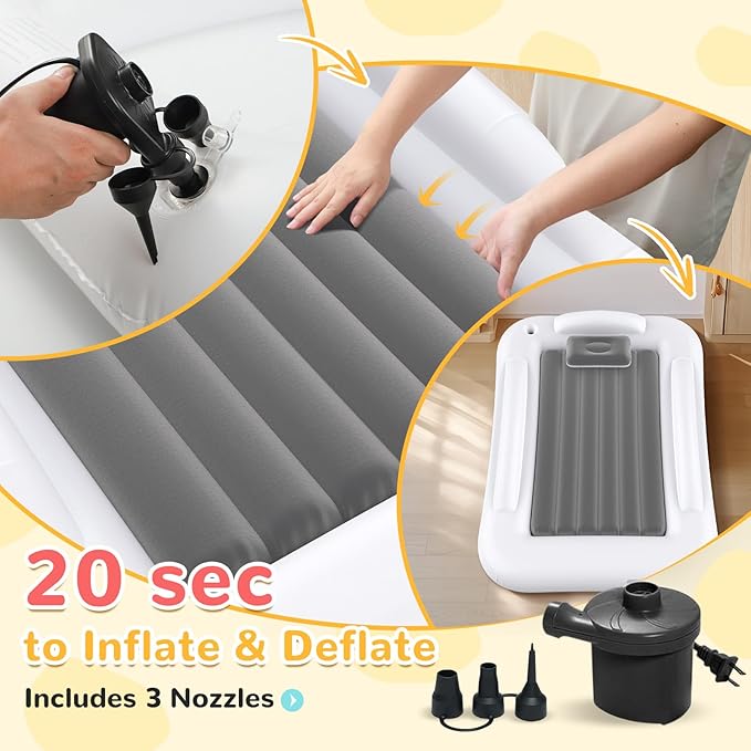 Inflatable Kids Travel Bed - Portable Comfortable Air Mattress with 3 Sides Safety Bumpers - Blow Up Bed for Camping & Travel (53 Inches)
