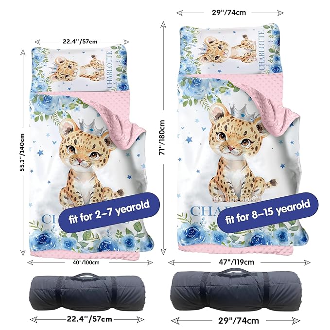 Custom Toddler Nap Mat for Preschool, Personalized Name Light Blue Kids Sleeping Bag with Leopard for Daycare, Roll Up Sleeping Mat with Removable Pillow and Soft Dot Minky Blanke for Girls Camping