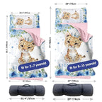 Custom Toddler Nap Mat for Preschool, Personalized Name Light Blue Kids Sleeping Bag with Leopard for Daycare, Roll Up Sleeping Mat with Removable Pillow and Soft Dot Minky Blanke for Girls Camping