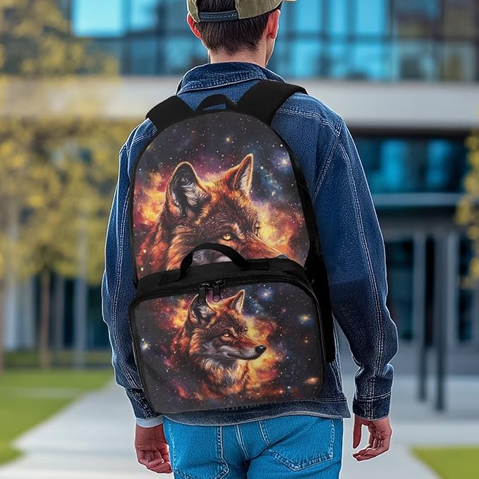 Universe Backpack for Men Wolf Versatile Bookbag for Teen Boys Large Capacity School Bag with Detachable Lunch Bag for Outdoor Travel Hiking