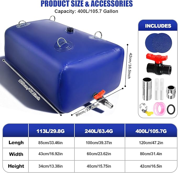 400 L/105.7 Gallon Water Storage Bladder, Foldable Portable Water Bladder Tank, Large Capacity Water Bag Container for Camping, Truck, RV, Emergency, Outdoor-Blue