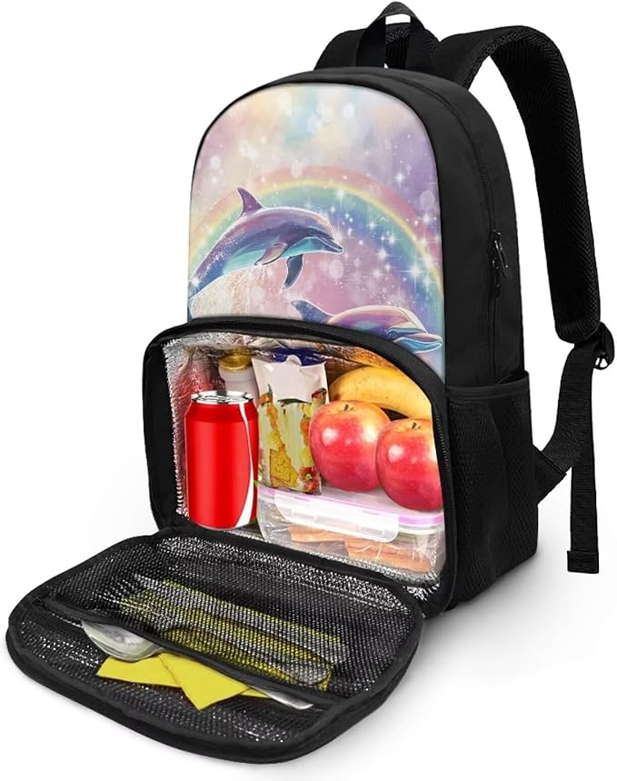 17 Inch Travel Laptop Backpack for Women, Middle-School Elementary Student Bookbags Large Capacity Casual Hiking Outdoor Daypack with Multi Pockets, Rainbow Dolphin