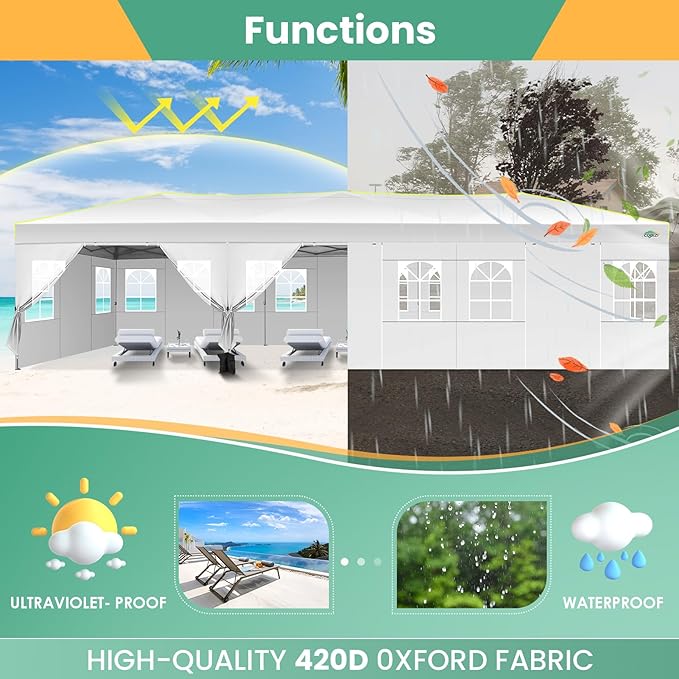 COBIZI 10x30 Pop Up Canopy Tent, Wedding Party Tent with 8 Sidewall One Push Setup Glow, 3 Adjustable Height Air Vent Waterproof UPF50+, Wheeled Bag, Sandbag, Stake, Rope for Commercial, Outdoor