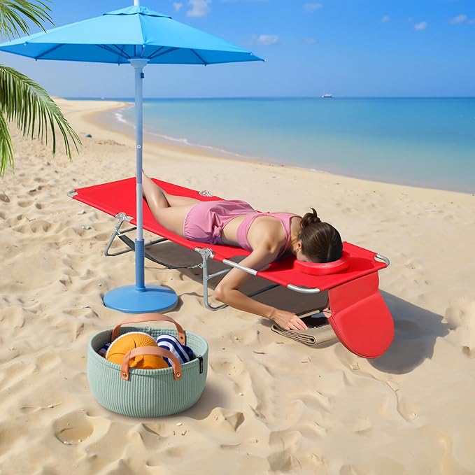 WLIVE Beach Lounge Chair for Adults, 4-Position Folding Tanning Chairs with Face Hole, 2 Legs Support Portable Outdoor Chair for Beach, Pool, Red