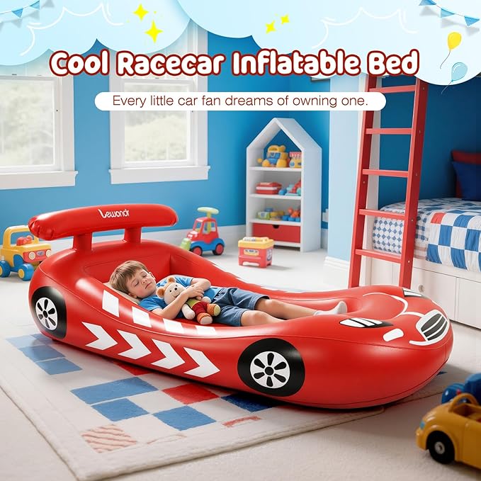 Lewondr Inflatable Kids Bed, Racecar Toddler Air Mattress with Safety Bumpers, Toddler Blow up Mattress with Hand Pump, Portable Toddler Travel Bed for Camping, Sleepovers, Vacation & Home, Red