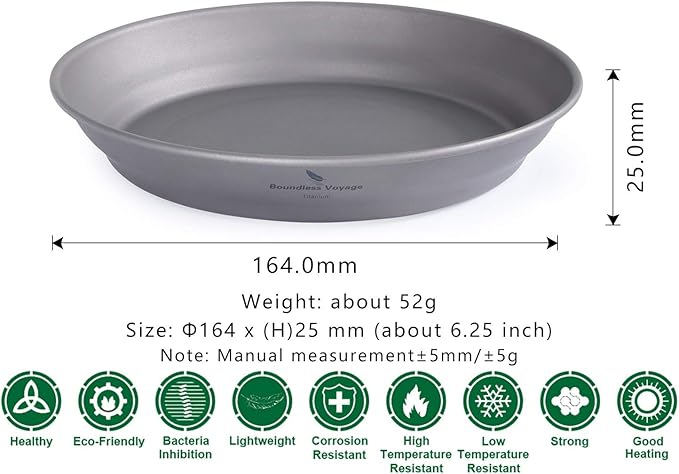 Boundless Voyage Ultralight Titanium Bowl Pan Plate Dish with Carry Bag Outdoor Camping Portable Tableware Cookware (Ti15166B (Plate-S))