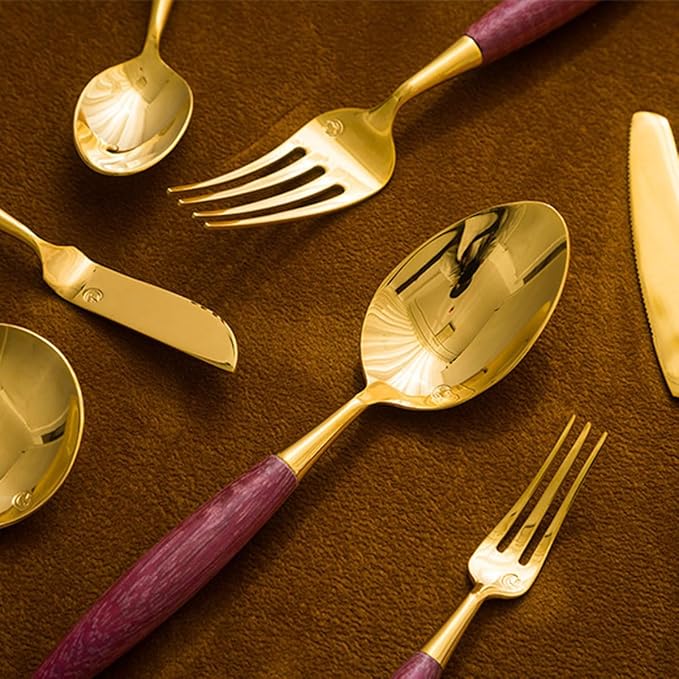 56 Piece Gold Silverware Set Stainless Steel Violet Wood Handle Flatware Set for 8，Kitchen Utensil Tableware Sets Forks Spoons and Knives Set for Home/Camping/Travel,Mirror Finish