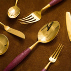 42 Piece Gold Silverware Set Stainless Steel Violet Wood Handle Flatware Set for 6，Kitchen Utensil Tableware Sets Forks Spoons and Knives Set for Home/Camping/Travel,Mirror Finish
