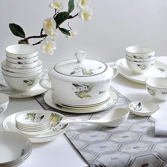 Dinnerware Set Dinner Party Tableware Service Set Ceramics Dinnerware Sets, Porcelain Cereals Bowls/Steak Plates/Soup Pot | 50 Pieces Chinese Style Bone China Dinner Combination Se