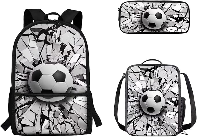Football Design Book Bag with Portable Lunch Bag and Large Capacity Pencil Box, Lightweight Elementary Kindergarten Schoolbag for Kids Hiking Traveling Festival Gift