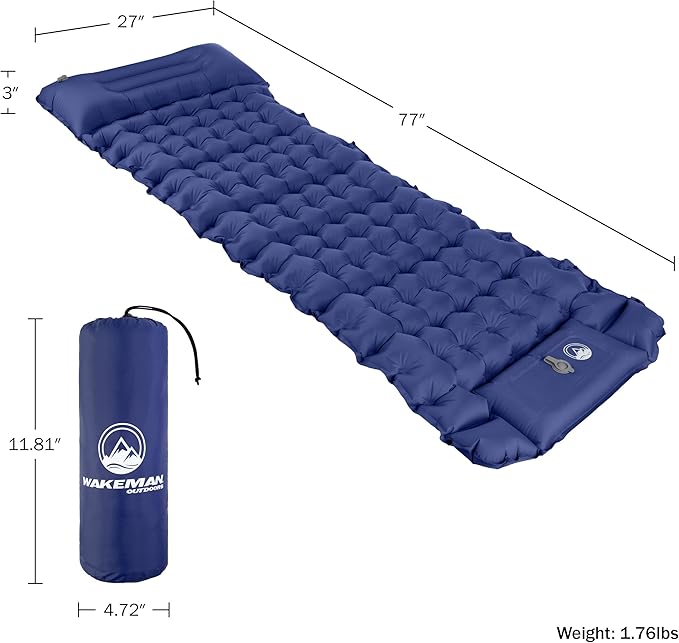 Sleeping Pad for Camping - Inflatable Mat with Built-in Foot Pump - Waterproof Camp Mattress - Camping Gear Must Haves by Wakeman Outdoors (Blue)