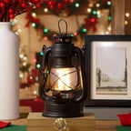 Hortsun 2 Pcs 8 Inch Vintage LED Hurricane Lantern Metal Black Outdoor Battery Operated Hanging Lantern with Warm LEDs and Dimmer Switch for Indoor Rustic Farmhouse Country Camping Decor