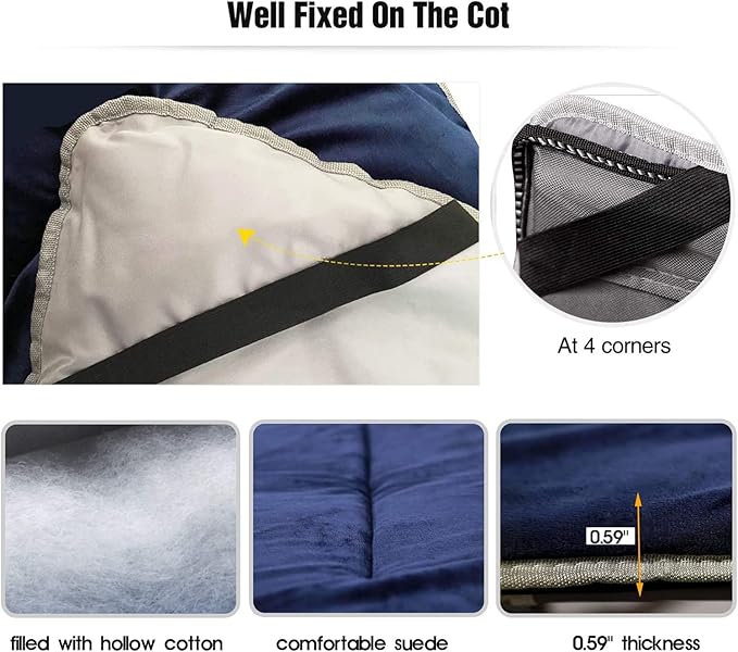 LITA XL Cot Pads for Camping, Soft Comfortable Cotton Thick Sleeping Cot Mattress Pad 72"x26", Grey and Navy Blue (Only Pad)