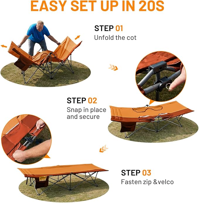TIMBER RIDGE Extra Wide Heavy Duty Camping Cot for Adult, Easy Set Up Oversized Sleeping Cot with Carry Bag for Camping, Travel and Outdoors, Support up to 450lbs, Orange, 2 Pack