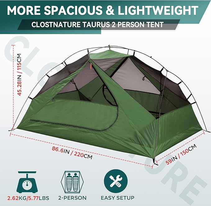Clostnature 1/2 Person Backpacking Tent - Lightweight Two Person Tent for Backpacking, Easy Set Up Waterproof Camping Tent for Adults, Kids, Scouts, Large Size Outdoor, Hiking, Mountaineering Gear
