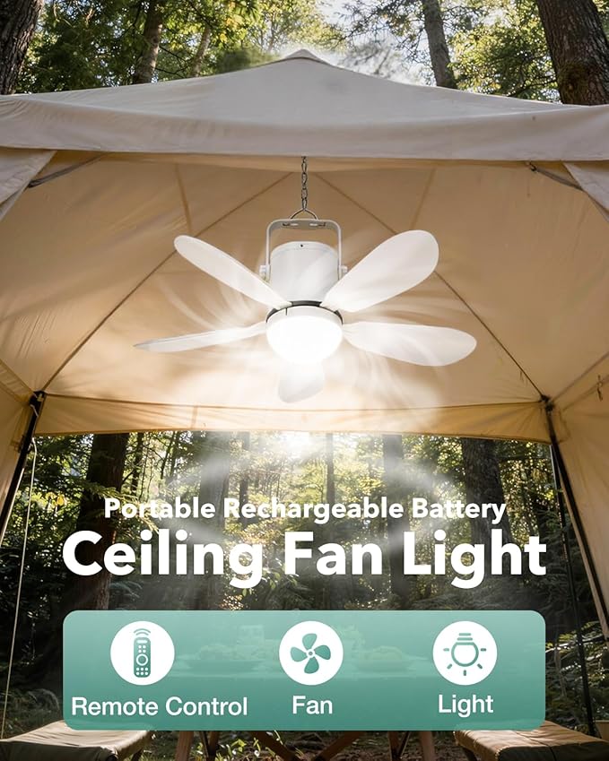 21” Ceiling Fan Light, Portable Battery Operated Gazebo Fan with Remote Control & Fast Charging Cable, Rechargeable Wireless Camping Fan Outside, for Outside Tent Porch Canopy Pergola RV