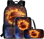 Rnyleeg Fire Basketball Backpack for Boys with Lunch Box Cool Boys Bookbag Age 8-10 Portable School Bag Set 3 Pack for Primary Students Casual Sackpack