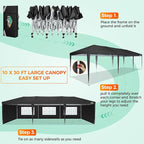 COBIZI 10x30 Pop Up Canopy Tent with Removable Sidewalls, Waterproof Portable Easy Up Canopy with Carry Bag, Instant Outdoor Shelter Tents for Parties, Events, Backyard Gatherings, Weddings, Black