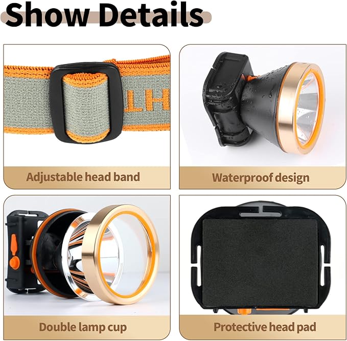 Superbright Rechargeable LED Headlamp,Waterproof Headlight with 2 Modes and Adjustable Headband,Perfect Head Troch for Camping, Hiking, Outdoors, Hunting (White Light)