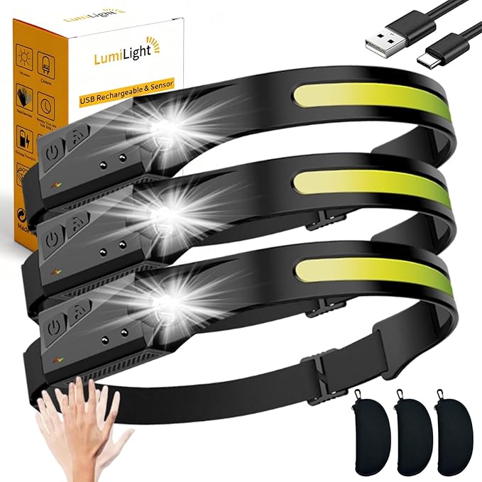LumiLight LED Headlamp Rechargeable, Lumi Light LED Head Band Headlamp, 230° Wide Beam Head Lamp with Motion Sensor for Adults, 5 Mode Waterproof Lightweight Outdoor Camping Hiking Essentials (3pcs)