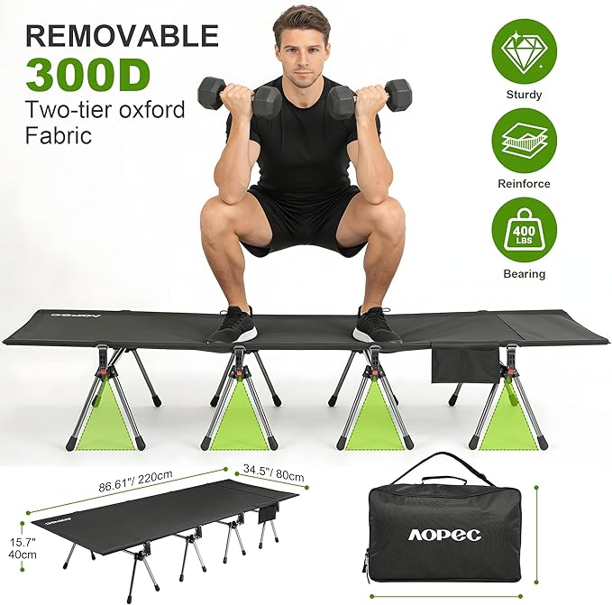 87" Camping Cot, Heavy Duty 400lbs Capacity, Adjustable Height with Leg Extenders, Lightweight Aluminum Frame Portable Folding Bed for Camping,Travel, Beach, Office Nap