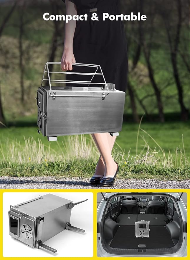 Camping Stove for Hot Tents, LAMA 304 Stainless Steel Wood Burning Stove with Stainless Wall Chimney Pipes for Tents, Shelter, Outdoor Portable Stove for Camping Heating and Cooking