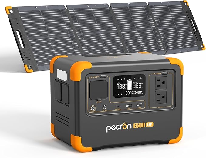 PECRON E500LFP Solar Generator with 100W Solar Panel, 576Wh Portable Power Station, 600W LiFePO4 Battery Backup, Fast Charging Solar Generator for Home Use, RV, Camping, CPAP, Emergencies