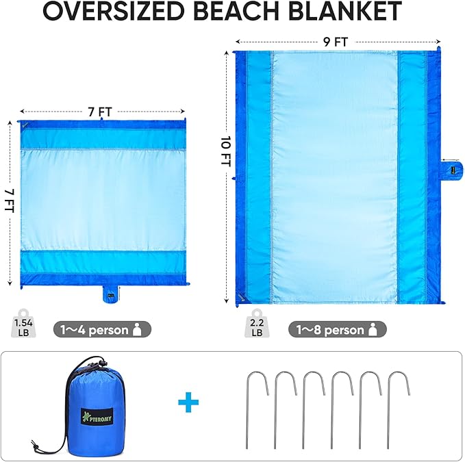 PTEROMY Beach Blanket Waterproof Sandproof, 84" X 84"Extra Large Beach Mat with Storage Bag, Quick Drying Lightweight, 6 Stakes, Accessories for Picnic, Travel (7x7 FT, Purple)