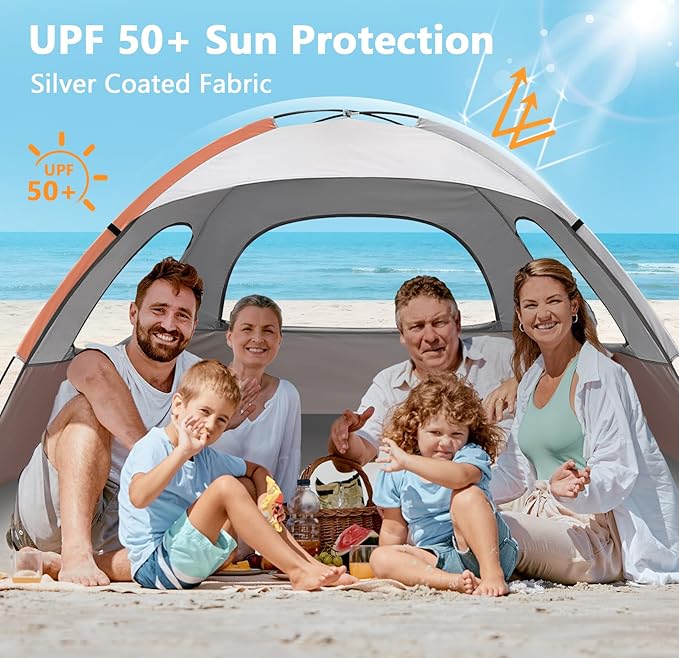 NXONE Beach Tent Sun Shelter with UPF 50+ UV Protection, Lightweight Easy Setup Portable Beach Canopy for Family, Large Space for Beach, Camping & Outdoor, 3/4/6 Person