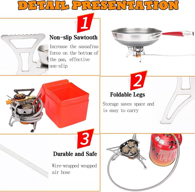 SVNVIOZ 5800 Camping Stove, Windproof Backpacking Stove with 3 Burner Cores, Piezo Ignition, Storage Box, 2 Types Fuel Canister Adapters, Camping Gear Portable Stove for Outdoor Camping Hiking Cooking