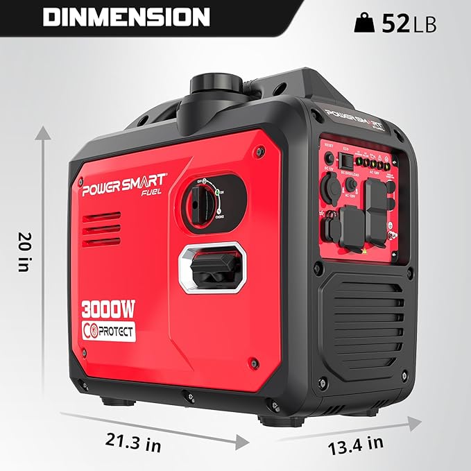 PowerSmart 3000W Portable Inverter Generator, Gas Powered with CO Alarm, Parallel Ready, 121.6cc 4-Stroke OHV Engine, Super Quiet for RV Camping and Home Emergency Backup