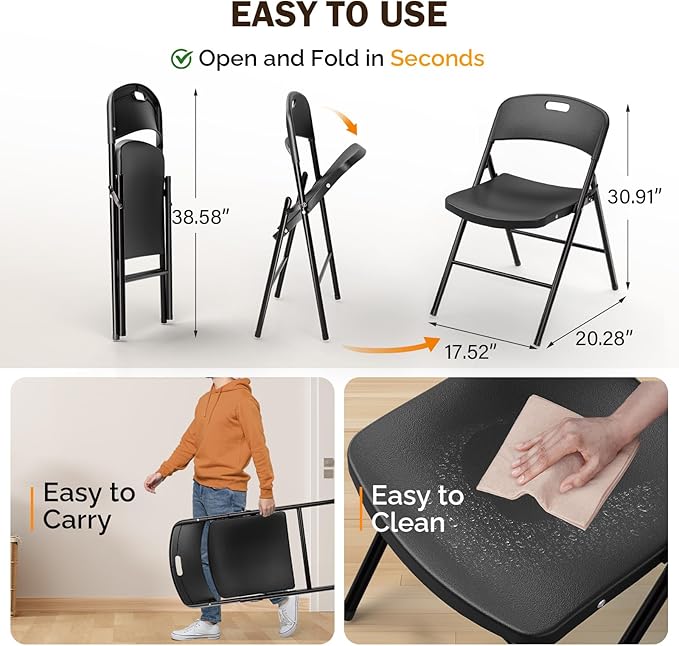 VINGLI Folding Chairs, Plastic Foldable Chair, Capacity up to 350 lbs, Portable Seating for Indoor Outdoor Events Parties Camping Work School Commercail (4, Black)