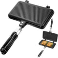 VOSAREA Sandwich Maker Grilled Sandwich Maker Pan Non-Stick Hot with Long Handle Double Sided Frying Pan Stovetop Toasted for Home Kitchen Breakfast Camping (Black)