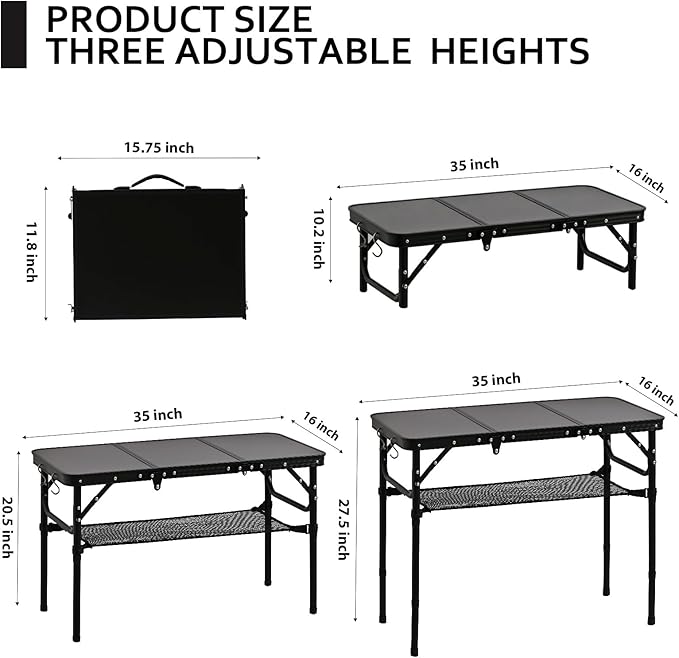 Folding Picnic Table with Storage Net, Matte Black Aluminum Folding Table 35" x 16", Adjustable Height Max 27.5", Lightweight Portable for Camping Travel Grill Indoor