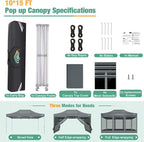 COBIZI 10x15 Heavy Duty Pop-Up Canopy Tent With Sidewalls, Waterproof Easy Setup, Mosquito Netting, Outdoor Instant Screen for Parties, Wedding, Backyard - Carry Bag Included, Gray