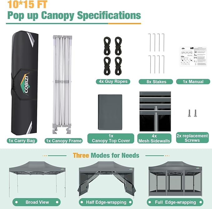 COBIZI 10x15 Heavy Duty Pop-Up Canopy Tent With Sidewalls, Waterproof Easy Setup, Mosquito Netting, Outdoor Instant Screen for Parties, Wedding, Backyard - Carry Bag Included, Gray