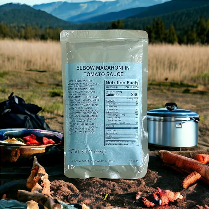 MRE (Meal-Ready-to-Eat) | Single Serving Entree | Emergency Meals | Survival Food | Fresh Dates | Long Shelf Life | Made in USA (3-Pack, Elbow Macaroni in Tomato Sauce)