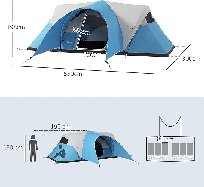 Outsunny 5-6 Man Camping Tent, 3000mm Waterproof Family Tent with Porch and Sewn in Groundsheet, Portable with Bag, for Fishing Hiking Festival